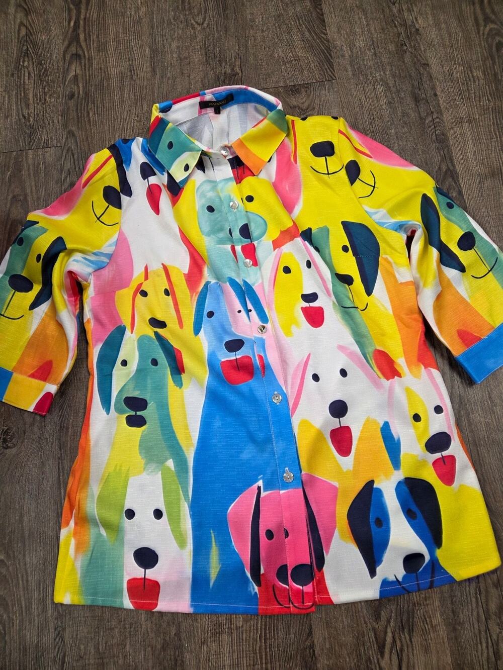 RADZOLI Dog Puppy Abstract Print Colorful Button Front Blouse Shirt top Large